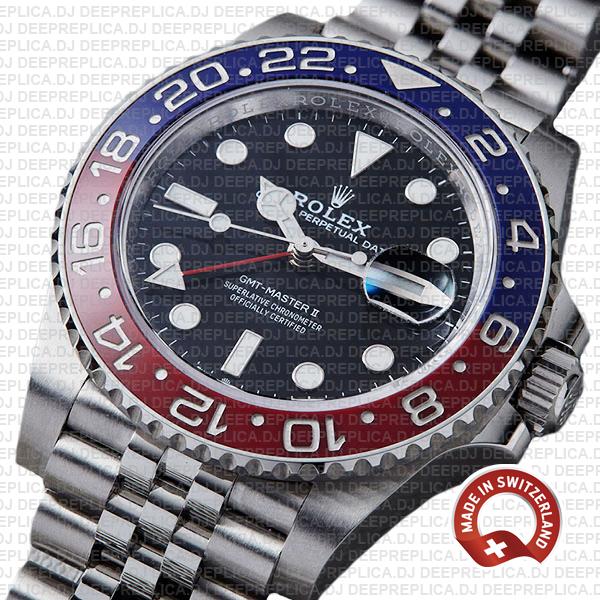Rolex GMT-Master II Steel Jubilee Bracelet Black Dial, Pepsi Red Blue Ceramic Bezel Replica Watch