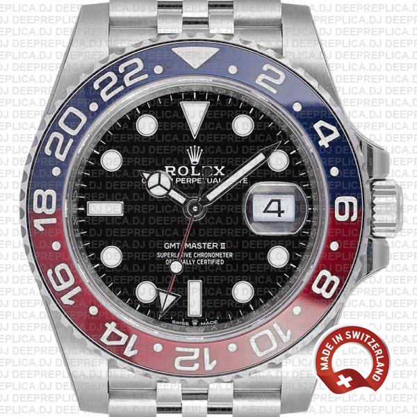 Rolex GMT-Master II Steel Jubilee Bracelet Black Dial, Pepsi Red Blue Ceramic Bezel Swiss Replica Watch
