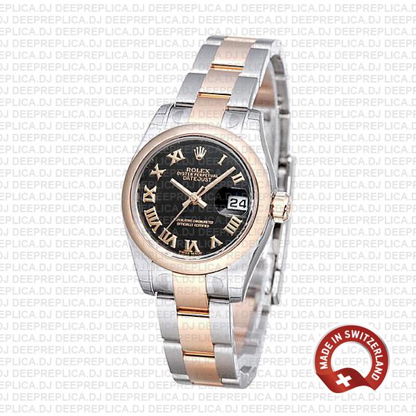 Rolex Datejust 904L Stainless Stee 18k Rose Gold Two-Tone with Oyster Bracelet & Black Roman Dial 31mm