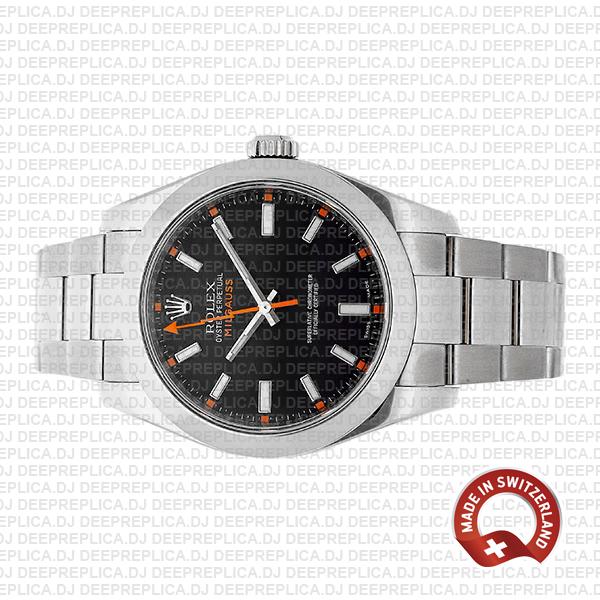 Rolex Milgauss Black Dial 40mm Stainless Steel Smooth Bezel in 904L Steel Oyster Bracelet Replica Watch