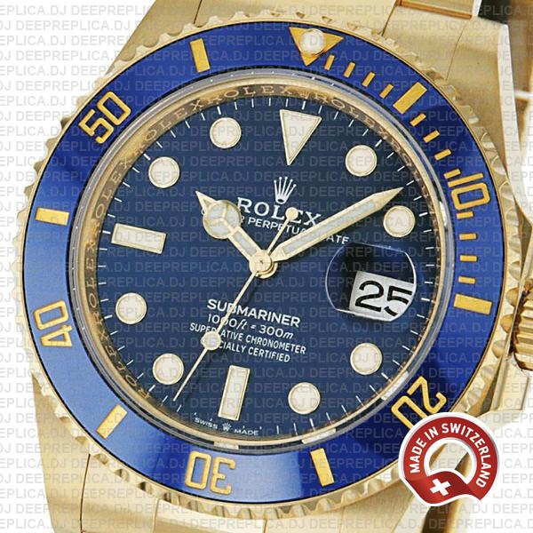 Rolex Submariner 41mm 18k Yellow Gold Wrapped 904l Steel Blue Dial Blue Ceramic Bezel 126618lb Swiss Replica Watch