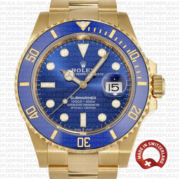 Rolex Submariner 41mm 18k Yellow Gold Wrapped 904l Steel Blue Dial Blue Ceramic Bezel 126618lb Swiss Replica Watch